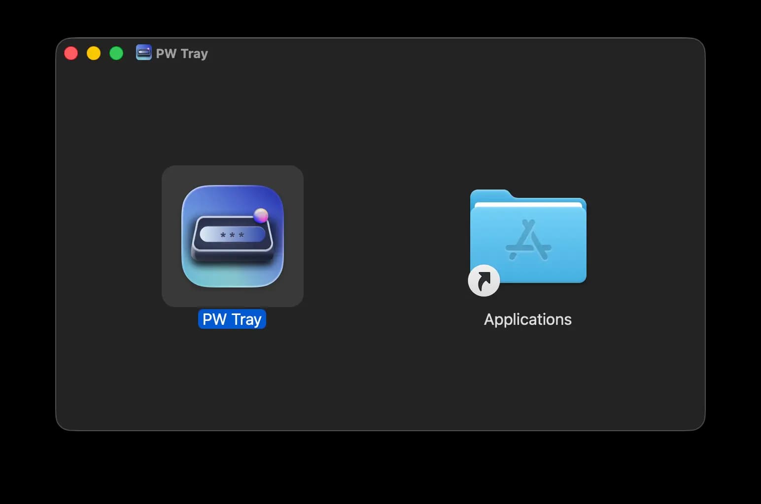 PW Tray installer window with the app icon and the Applications folder shortcut.