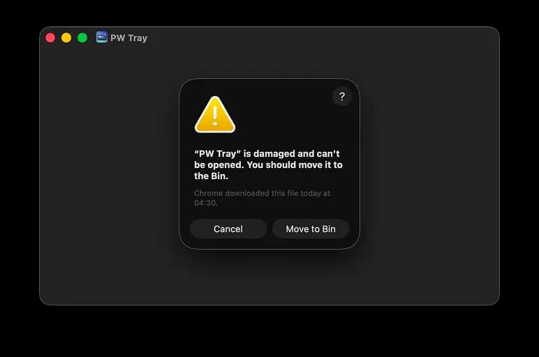 macOS warning dialog saying PW Tray is damaged and cannot be opened.
